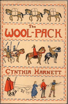 Jacket image for The Wool-Pack: beige background with three banner images, in the style of a medieval tapestry. Images show horses carrying wool-packs, horses with wriders, and three children alongside a shephered with crook, flock and sheep-dog.