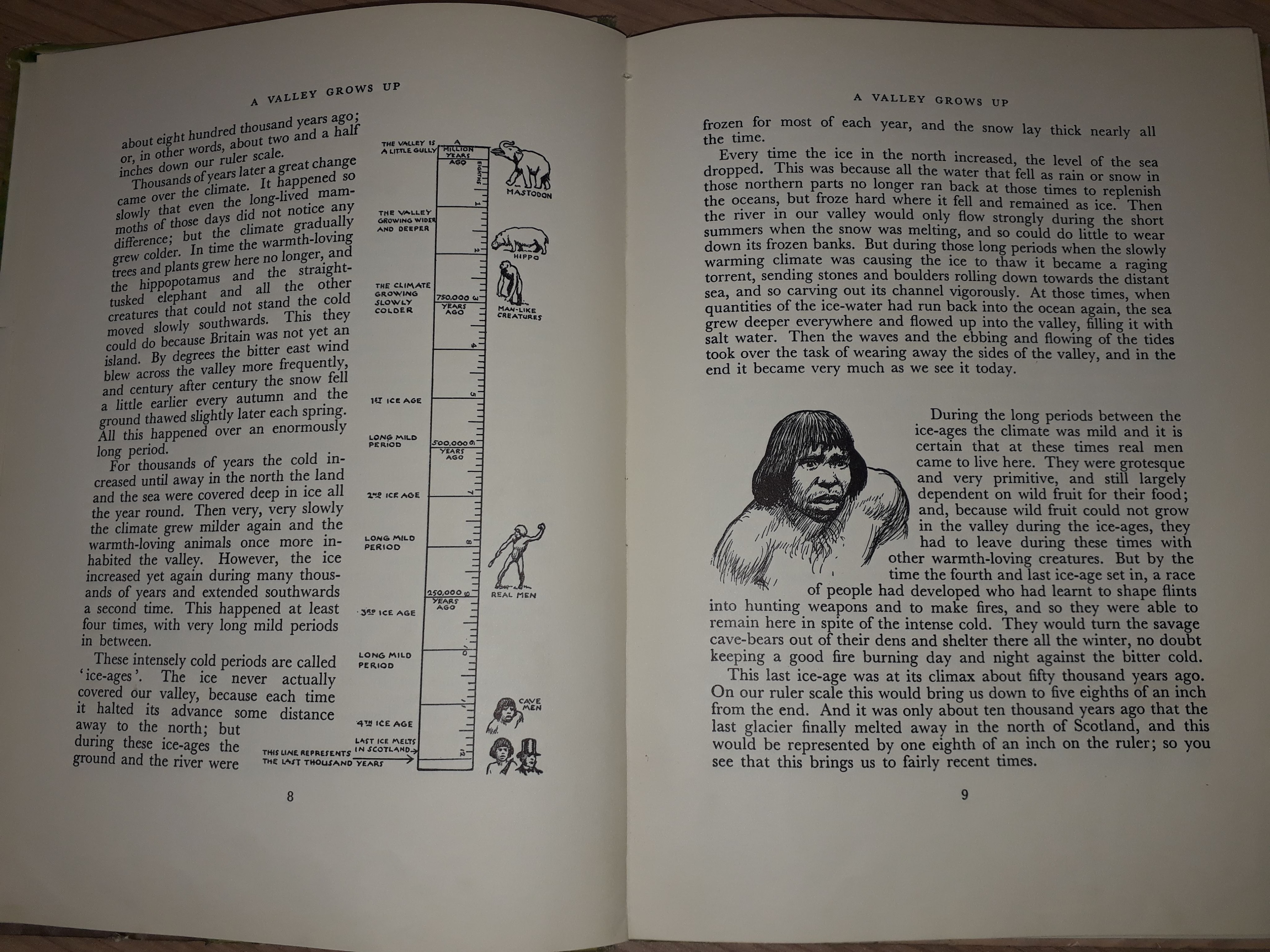 Two pages from the book 'A Vallery Grows Up', discussing ice ages and the emergence of modern man, On the left-hand page is a line drawing of a ruler used to represent time: it shows that the last thousand years represent only the thickness of one of the lines marking the inches. On the right-hand page is a line drawing of early man (head and shoulders profile).