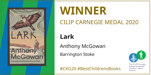 Banner reading 'Winner: CILIP Carnegie Medal 2020 - Lark, Anthony McGowan, Barrington Stoke'. It is accompanied by a picture of the jacket image of the winning book, depiciting a lark flying over a snowy scene. 