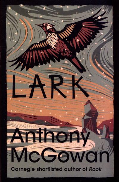 Jacket image for Anthony McGowan, 'Lark'. Stylised linocut style illustration of a lark in flight